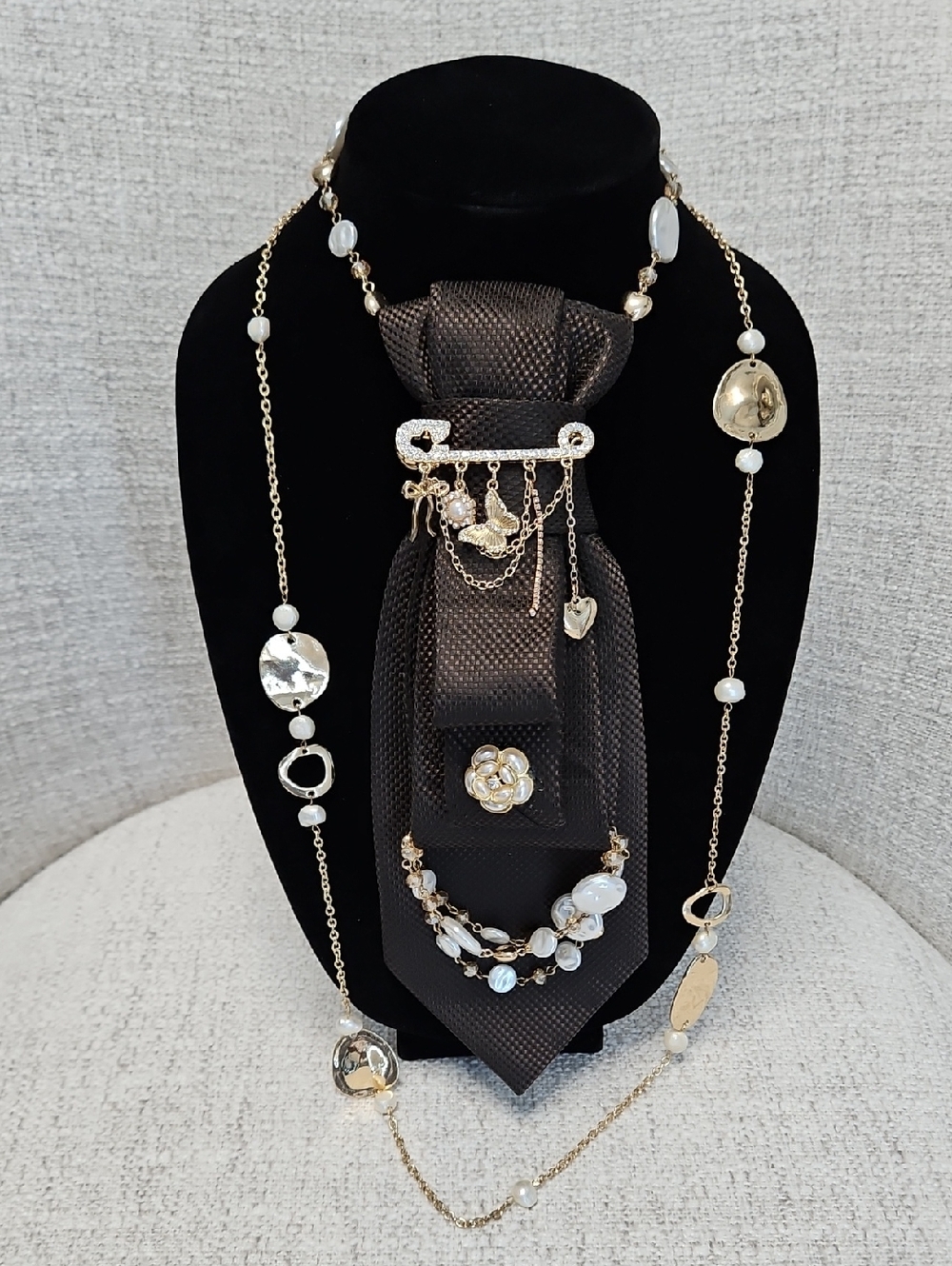 Embellished Brown Necktie Necklace with Matching Chain Necklace